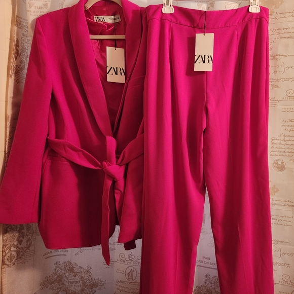 ZARA SET Tuxedo Collar Blazer Belted & Pants neon Fuschia: Sizes S,M,LBNWT - Picture 7 of 12